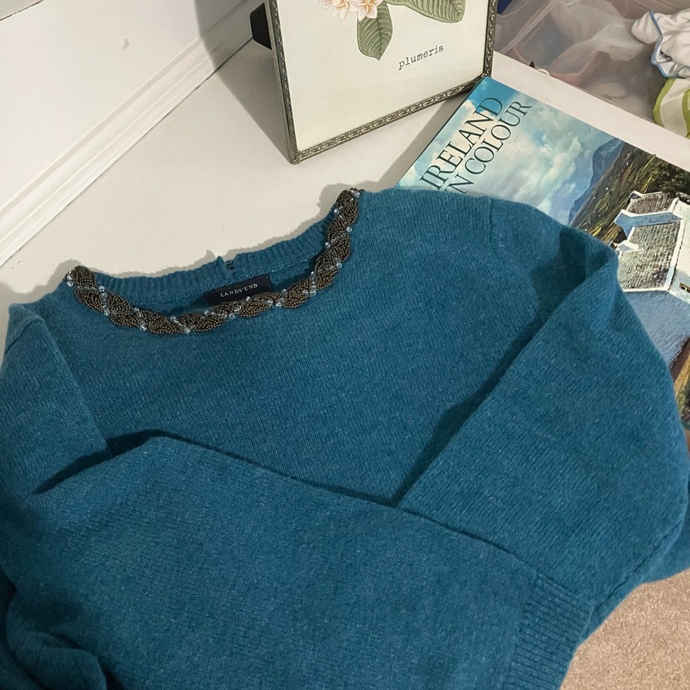 Lands' End Teal Wool Sweater with Beaded Neckline - Picture 12 of 12
